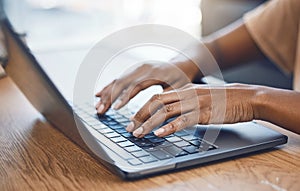 Black woman hands, student and laptop typing, keyboard and studying for research, elearning and internet college course