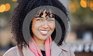 Black woman, happy portrait and city travel with a smile while outdoor on London street with freedom. Face of young