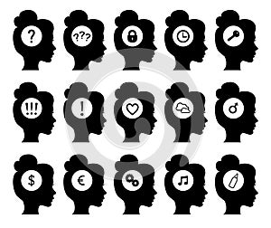 Black woman head silhouettes icons with different thoughts isolated on white background, vector illustration