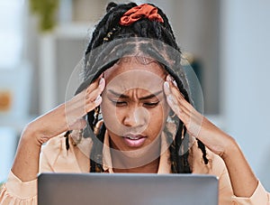 Black woman, headache and stress with laptop glitch while depressed in home office. Entrepreneur person tired, burnout