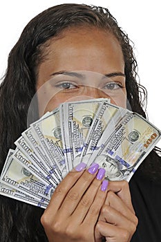 Black woman Holding 100 Dollar Bills