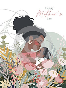 Black Woman Holding Baby on Mothers Day Card, Simple Flat Vector