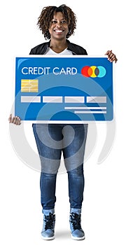 Black woman holding credit card isolated