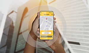 Black woman holding smartphone with taxi services mobile app, using map to find cab ride destination at street