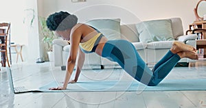 Black woman, home tutorial workout and push up on knee exercise, training and online laptop challenge on floor. Fitness