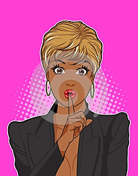 Black woman keep a silence with pink background