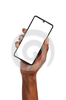 Black woman keeps hand raised while holding smart phone isolated