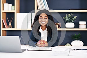Black woman, laptop and online for research at office for website as web designer for agency. Female employee, portrait