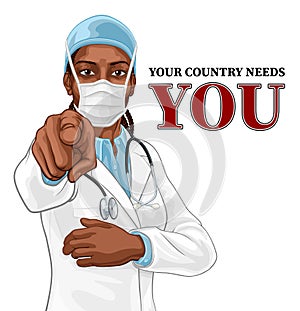 Black Woman Medical Doctor Pointing in Mask