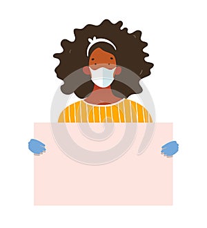 A black woman in a medical mask and gloves holds a poster with place for text. Template for design, coronavirus epidemic