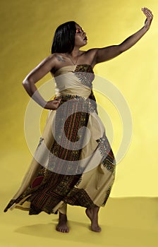 Black woman model with long black flowing hair, smooth skin, elegant eye shadow.