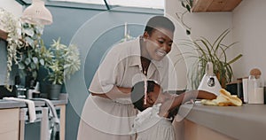 Black woman, mother and child learning cleaning a house together for tidy housekeeping, dusting and spring cleaning task