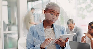 Black woman, office and tablet for connection, online search and marketing strategy. African American female, ceo and