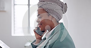 Black woman, phone call or connect for communication, talking or office. African American lady, female entrepreneur or