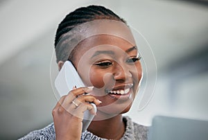 Black woman, phone call and smile in office for talking, deal or negotiation in business startup. Mobile, news and happy