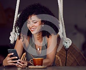 Black woman, phone and coffee in cafe, restaurant or coffee shop on social media, internet news or fun esports game