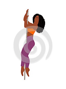 Black woman Pole dancer in colorful sportswear.