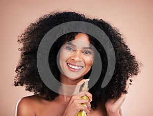 Black woman, portrait or afro hair product on isolated studio background in frizz control, curly management or oil