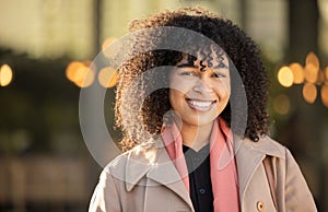 Black woman, portrait and city travel with a happy smile while outdoor on London street with freedom. Smiling face of