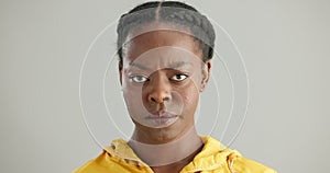 Black woman, portrait and disappointed in studio, frustration and upset on white background. Face, regret and shaking