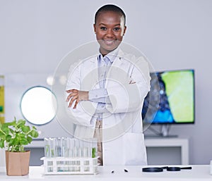 Black woman, portrait and scientist with arms crossed in lab, office and confidence for biotechnology research or work