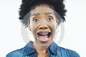 Black woman, portrait and shock with scare, fright or wow for anxiety, fear or stress on a white studio background. Face