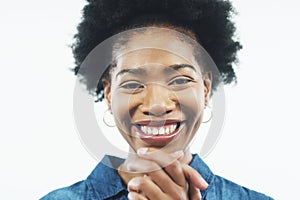 Black woman, portrait and in studio with clapping hands for happiness celebration, support or white background. Female
