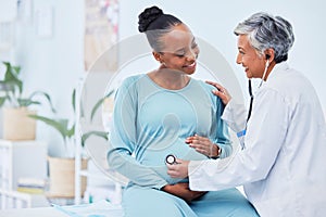Black woman, pregnant and doctor listening to heart beat in checkup, appointment or visit at hospital. Happy African