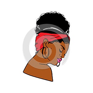Black woman with a pretty face. African American girl. Afro Bun hairstyle, bandana. Vector illustration on white isolated