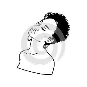 Black woman with a pretty face. African American girl. Short Afro hair. Vector illustration on white isolated background. For
