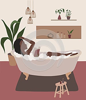 Black woman read book In bathtub wall art. African woman poster. Aesthetic boho vector illustration