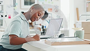 Black woman receptionist, writing notes or letter with laptop on table planning schedule, agenda memo or boss calendar