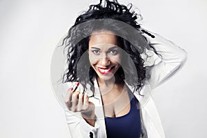 Black woman with red lipstick smile to camera