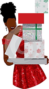 Black Woman in Red Sparkling Dress holds Stack of Christmas Presents