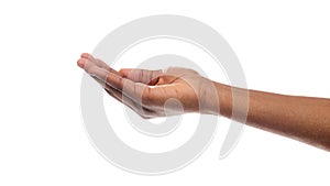 Black woman`s hand keeping empty cupped palm on white background. photo