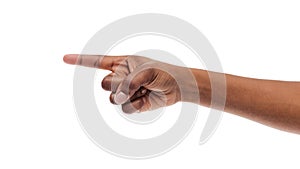 Black woman`s hand pointing finger at somebody,  on white
