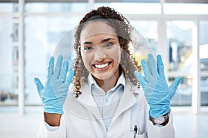 Black woman, science and research, gloves and hands, smile in portrait with safety and health science. Healthcare