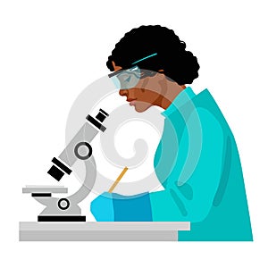 Black woman scientist looking through microscope and writing. Vector photo