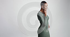 Black woman with a short haircut in studio shoot