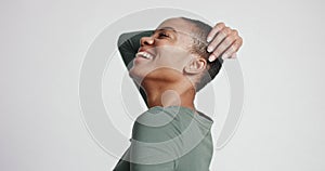 Black woman with a short haircut in studio shoot