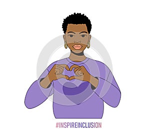 Black woman show heart hands gesture vector illustration. Inspire inclusion iwd 2024 sign and theme. photo