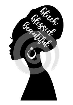 Black woman silhouette with handwritten quote, vector illustration