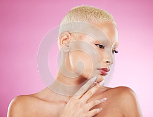 Black woman, skincare beauty and makeup in studio with short blonde hair, hand and face by pink background. African gen