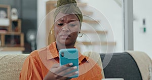 Black woman, smartphone or confused on living room sofa with phishing email, hacker news or social media security glitch