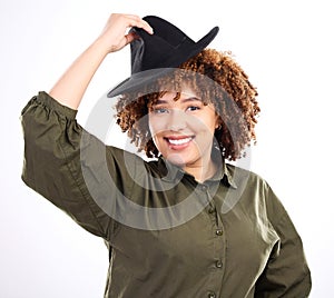 Black woman, smile and portrait with a hat in studio for fashion, style and happiness or beauty. Face, happy model or