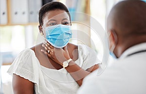 Black woman, sore throat and face mask, doctor and patient in hospital, medical examination and symptoms. Healthcare