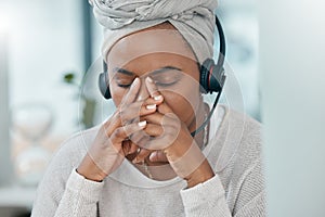 Black woman stress, call center consultant in office closeup while working at customer support hotline. Customer service