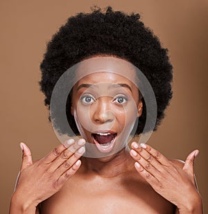 Black woman, studio beauty and wow for skincare, glow or wellness on face by brown backdrop. Model, excited woman or