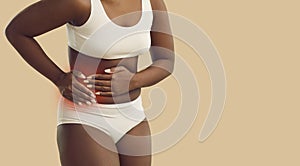 Black woman suffer from stomachache or spasm