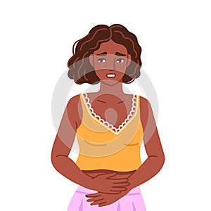Black woman, suffering from acute abdominal pain, diarrhea, bloating, holds her stomach. Painful menstruation. Hand